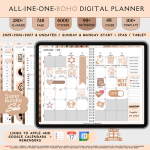 Può includere: Planner digitale in stile boho, con una visualizzazione mensile di gennaio 2025. Include oltre 280 pagine di pianificazione, 748 pagine, 6000 adesivi, oltre 99 quaderni, 48 copertine e oltre 100 modelli. Il planner non è datato ed è compatibile con iPad e tablet.