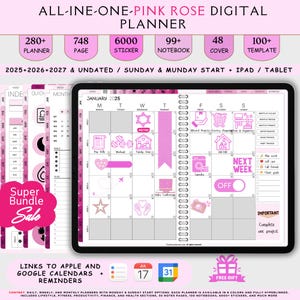 Peut inclure: Un planificateur numérique rose avec un thème de rose, avec une tablette affichant un calendrier de janvier 2025. Comprend 280+ pages de planificateur, 748 pages, 6000 autocollants et 99+ cahiers. Le planificateur est non daté et commence le dimanche et le lundi.