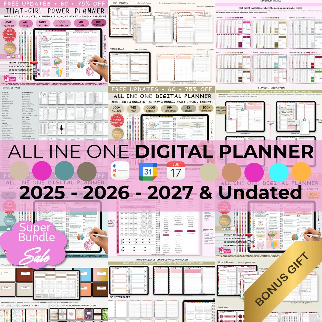 All-in-one Digital Planner 2026 2027 & Undated – Pink Rose Theme ...
