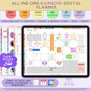 May include: A digital planner with a rainbow theme, featuring a calendar for January 2025 on a tablet. The image includes the text "ALL-INE-ONE-RAINBOW DIGITAL PLANNER" and details like 280+ planner pages, 6000 stickers, and 99+ notebooks.