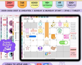 Puede incluir: Un planificador digital con tema arcoíris, con un calendario de enero de 2025 en una tableta. La imagen incluye el texto "ALL-INE-ONE-RAINBOW DIGITAL PLANNER" y detalles como 280+ páginas de planificador, 6000 pegatinas y 99+ cuadernos.