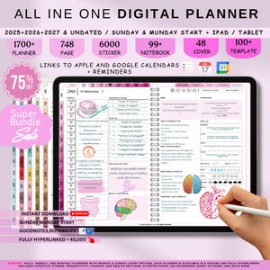 Peut inclure: Agenda numérique avec plus de 1700 pages de planification, 748 pages, 6000 autocollants et plus de 99 cahiers. Comprend des liens vers Apple et Google Calendars. Avec une vente Super Bundle à 75% de réduction. Contient des agendas quotidiens, hebdomadaires et mensuels.