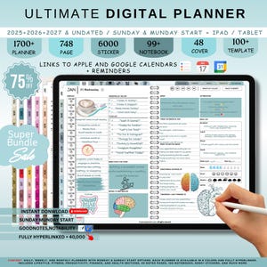 Peut inclure: Un planificateur numérique affiché sur une tablette, présentant une mise en page quotidienne détaillée avec des sections pour les tâches et la planification des repas. L'image comprend des onglets, une promotion et du texte.