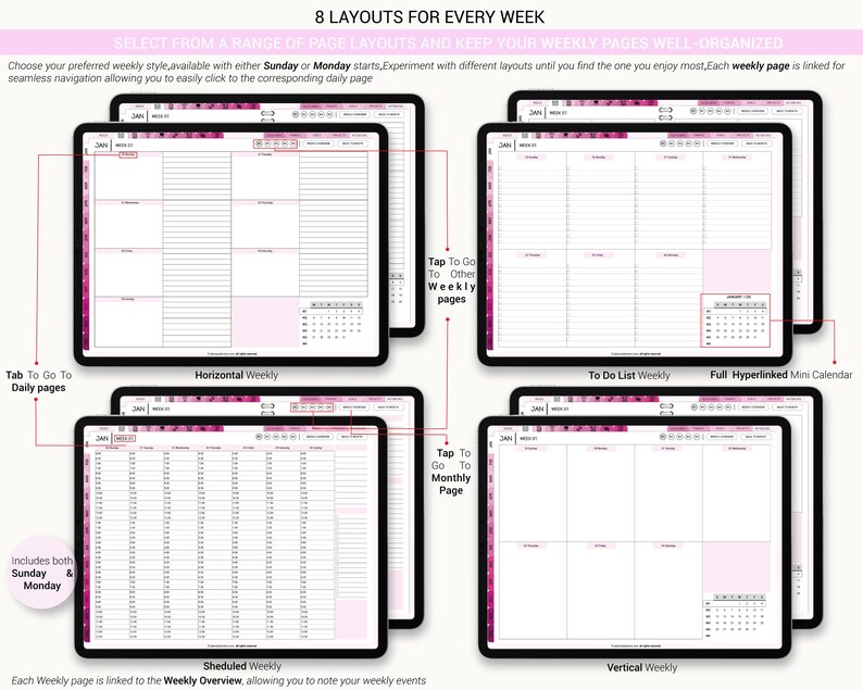 All-in-one Digital Planner 2026 2027 & Undated – Pink Rose Theme ...
