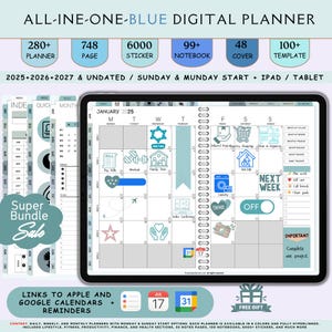 Peut inclure: Un agenda numérique bleu, affichant le calendrier de janvier 2025. Il propose des options de planification quotidienne, hebdomadaire et mensuelle, avec des départs le dimanche et le lundi. Comprend des autocollants, des carnets et des modèles.