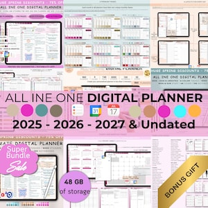 Puede incluir: Planificador digital con el texto "ALL INE ONE DIGITAL PLANNER". La imagen incluye diseños de planificador digital, pegatinas y cuadernos. El planificador cubre los años 2025-2026-2027 y no tiene fecha. Incluye un regalo extra.
