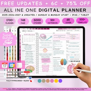 Peut inclure: Planificateur numérique rose et blanc avec calendrier, listes de tâches et sections de notes et de planification. Il comprend plus de 1700 pages de planificateur, 6000 autocollants et 99+ cahiers. Conçu pour iPad et tablette.