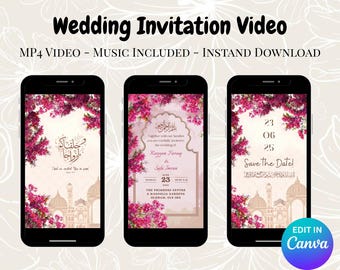 Muslim Wedding Digital Video Invitation | Elegant Pink Floral Design | Editable Template | Instant Download