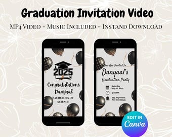 Graduation Invitation Video | Canva Editable MP4 Grad Party Invite | Class of 2025 Digital Download | Black & Gold Theme