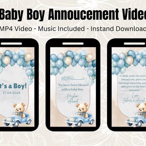 Muslimische Baby Boy Videoankündigung | Blaue Ballon-Teddy-Geburt offenbaren | Bearbeitbare digitale Einladung | Sofort Download