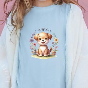 Cute Puppy Kids T-Shirt – Cartoon Dog Comfort Colors Tee – Pastel Floral Toddler Shirt – Unisex Animal Graphic Tee Gift for Pet Loving Kids