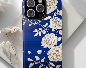 Blue and White Chinoiserie Roses Vintage Japanese Floral Phone Case for iPhone, Samsung Galaxy, Pixel, Elegant Summer Aesthetic Gift for Her
