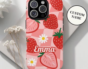 Custom Kawaii Strawberry Daisy Phone Case for iPhone, Samsung Galaxy, Google Pixel - Y2K Personalized Cottagecore Gift for Her & Friends