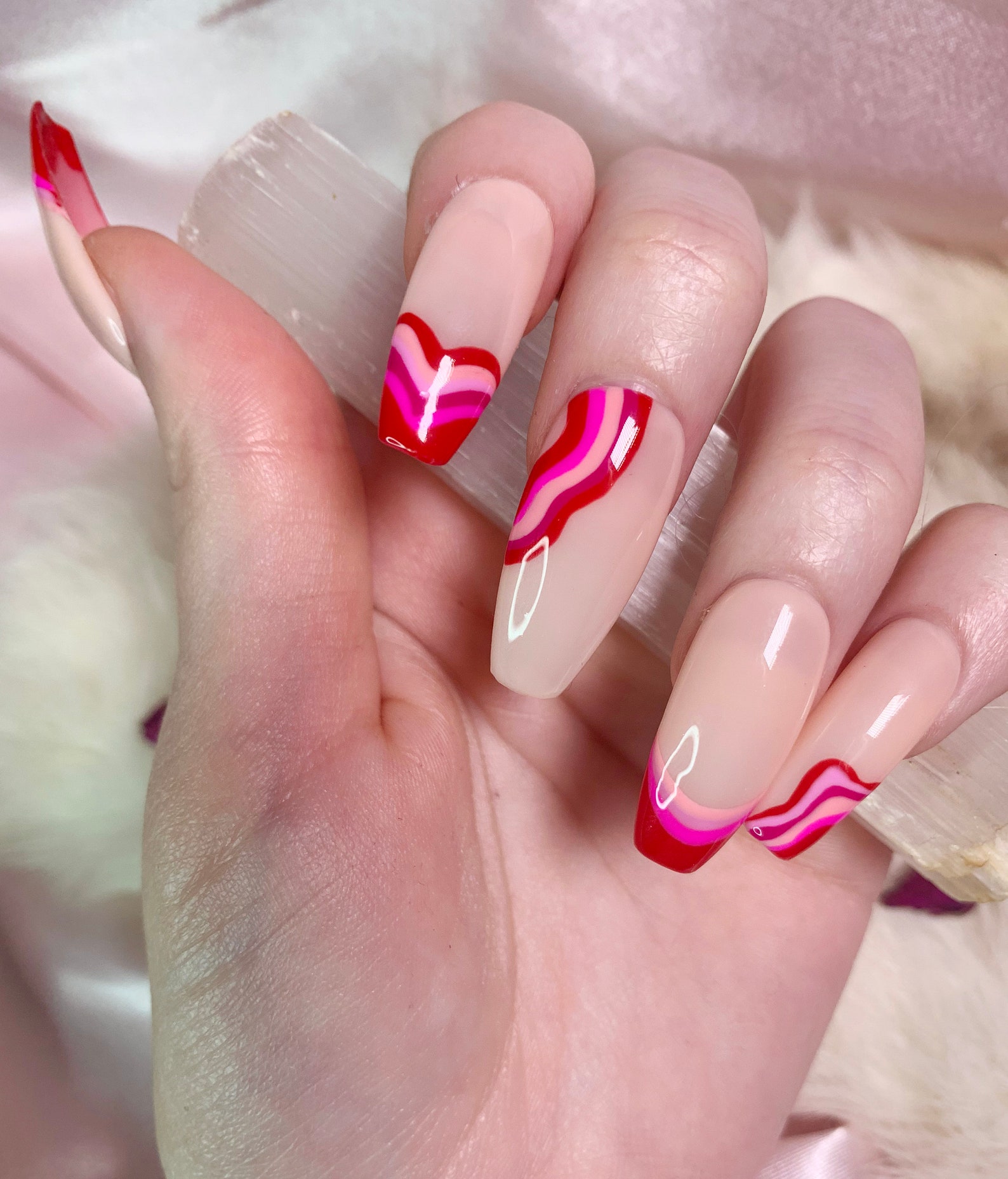 Abstract Heart Valentines Nails Pink and Red Swirl Press Etsy