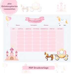 May include: A pink and white printable school timetable with a princess theme. The timetable includes a banner that says "Stundenplan". The image also features a castle, a carriage, and a horse.