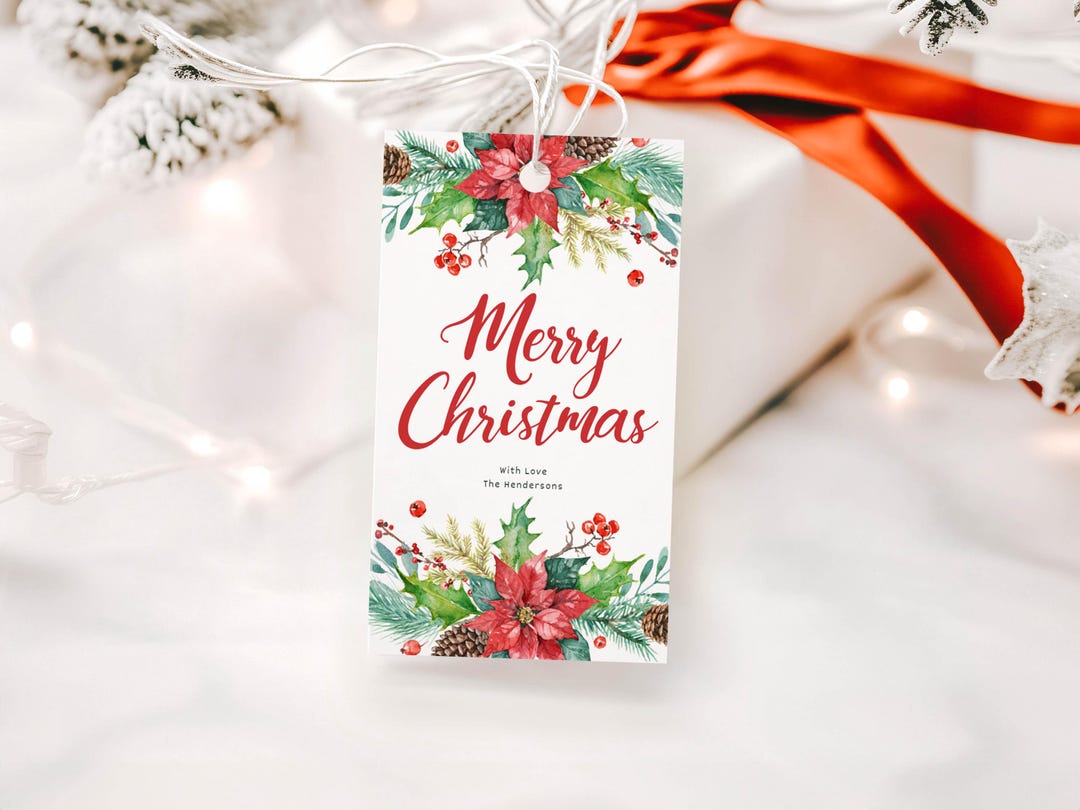Editable Christmas Gift Tag: Watercolor Poinsettia Holiday Tag (digital ...