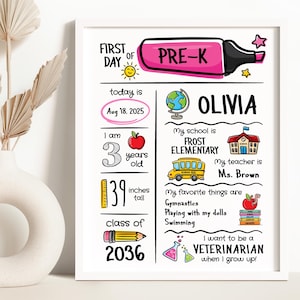 First Day of Pre-K Sign Editable Girl Back to School Poster Personalized Digital Download