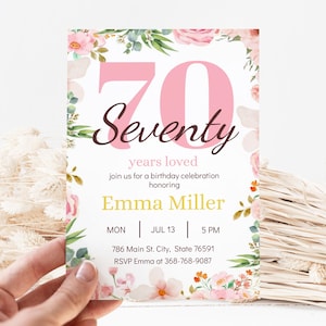 Floral 70th Birthday Invitation Editable Digital Party Invite for Women Seventy Years Loved Template