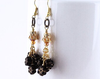 Black Daisy Earrings - Flower Jewelry, Czech Glass Beads, Gold Finished Stainless Steel Earwires