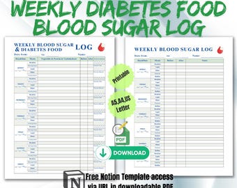 Printable Weekly Blood Sugar Food Log, Diabetes Tracker (A4, A5, US Letter) + Notion Template