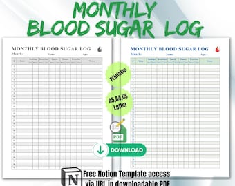 Monthly Blood Sugar Log, Diabetes Food Tracker (Printable & Notion Template)