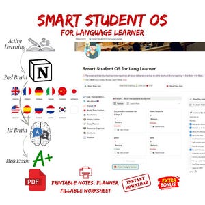 Könnte beinhalten: Eine digitale Oberfläche mit dem Titel "Smart Student OS for Language Learner" mit Symbolen für aktives Lernen, ein zweites Gehirn und ein erstes Gehirn. Die Oberfläche enthält ein PDF-Symbol, ein Druckersymbol und den Text "Printable Notes, Planner, Fillable Worksheet."