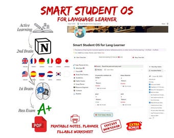 Language Learning Notion Template: French, Spanish, German Study Planner (Printable Worksheets & Bonus Books)