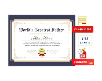 Dad Award Certificate, Fillable Father's Day Gift (PDF Template)