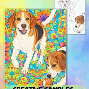 Może przedstawiać: Kolorowa ilustracja psa Beagle z brązowo-białym futrem, na tle żywego, wzorzystego tła. Obraz zawiera tekst "CREATIVE SAMPLES" na dole i mniejszy szkic psa. Obecna jest r&oacute;wnież piłka tenisowa.