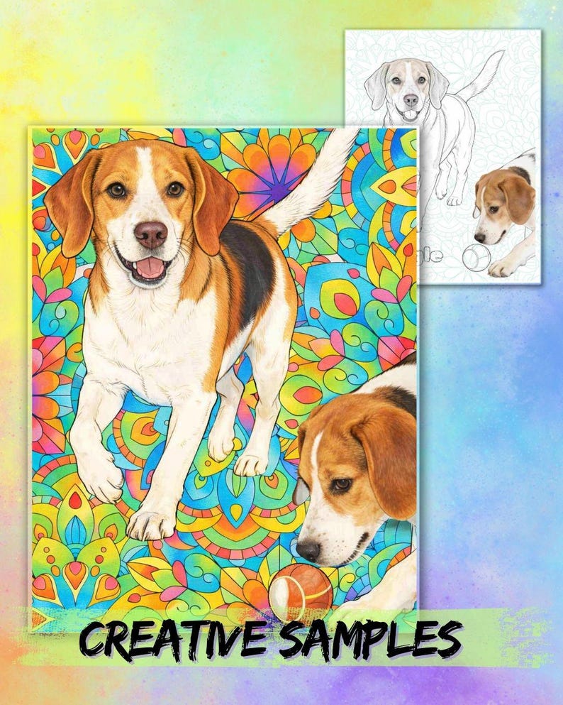 Może przedstawiać: Kolorowa ilustracja psa Beagle z brązowo-białym futrem, na tle żywego, wzorzystego tła. Obraz zawiera tekst "CREATIVE SAMPLES" na dole i mniejszy szkic psa. Obecna jest r&oacute;wnież piłka tenisowa.