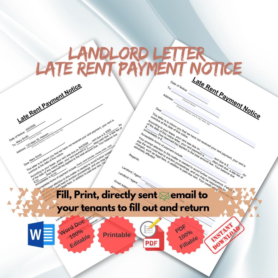 Landlord Late Rent Payment Notice, Notice of Late Rent Payment, Late ...