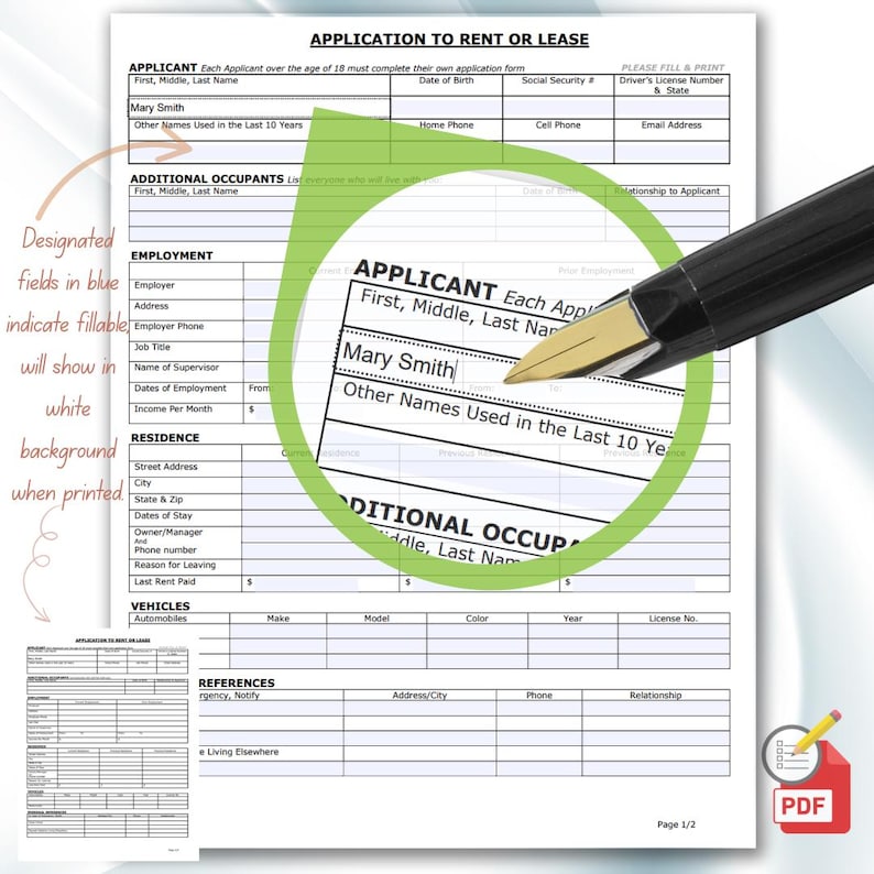 Fillable Rental Application Form: Landlord Tenant Template (PDF) - Etsy