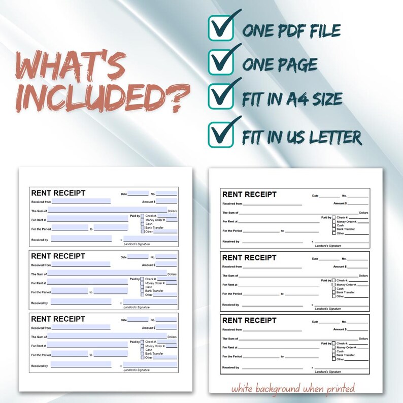 Simple Rent Receipt Template: Fillable, Printable, Downloadable - Etsy