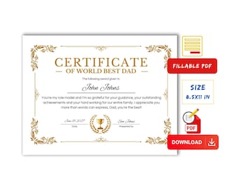 Dad Award Certificate, Fillable Father's Day Gift (PDF