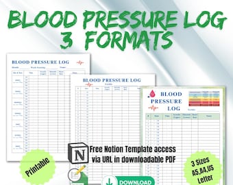 Blood Pressure Log, Weekly and Monthly, 3 Formats (Printable and Notion Template)