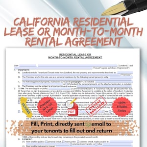 May include: A California Residential Lease or Month-to-Month Rental Agreement form. The document includes sections for property details, lease terms, and payment information. Instructions are included to fill, print, email, and return the form.