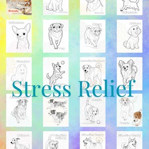 Może przedstawiać: Kolorowanka dla miłośnik&oacute;w ps&oacute;w z czarno-białymi ilustracjami r&oacute;żnych ras, w tym mopsa i husky syberyjskiego. Tekst "Stress Relief" jest wyświetlany w kolorze turkusowym.