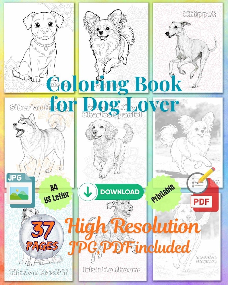Może przedstawiać: Kolorowanka dla miłośnik&oacute;w ps&oacute;w z szczeg&oacute;łowymi rysunkami r&oacute;żnych ras ps&oacute;w. Zawiera tekst "Coloring Book for Dog Lover", "37 PAGES", "High Resolution JPG, PDF included" i "Printable".