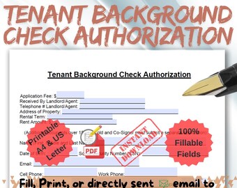 Tenant Background Check Authorization Form: Fillable Rental Application (Printable)