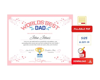 Personalized Dad Award Certificate, Fillable PDF Printable