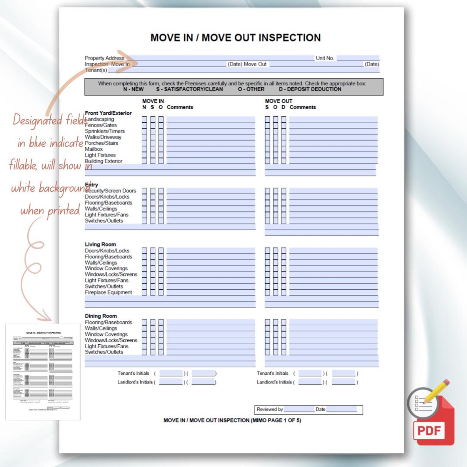 Printable Move Out Inspection Checklist Form.pdf Landlord Tenant Move In/out Inspection Checklist: Fillable Printable ...