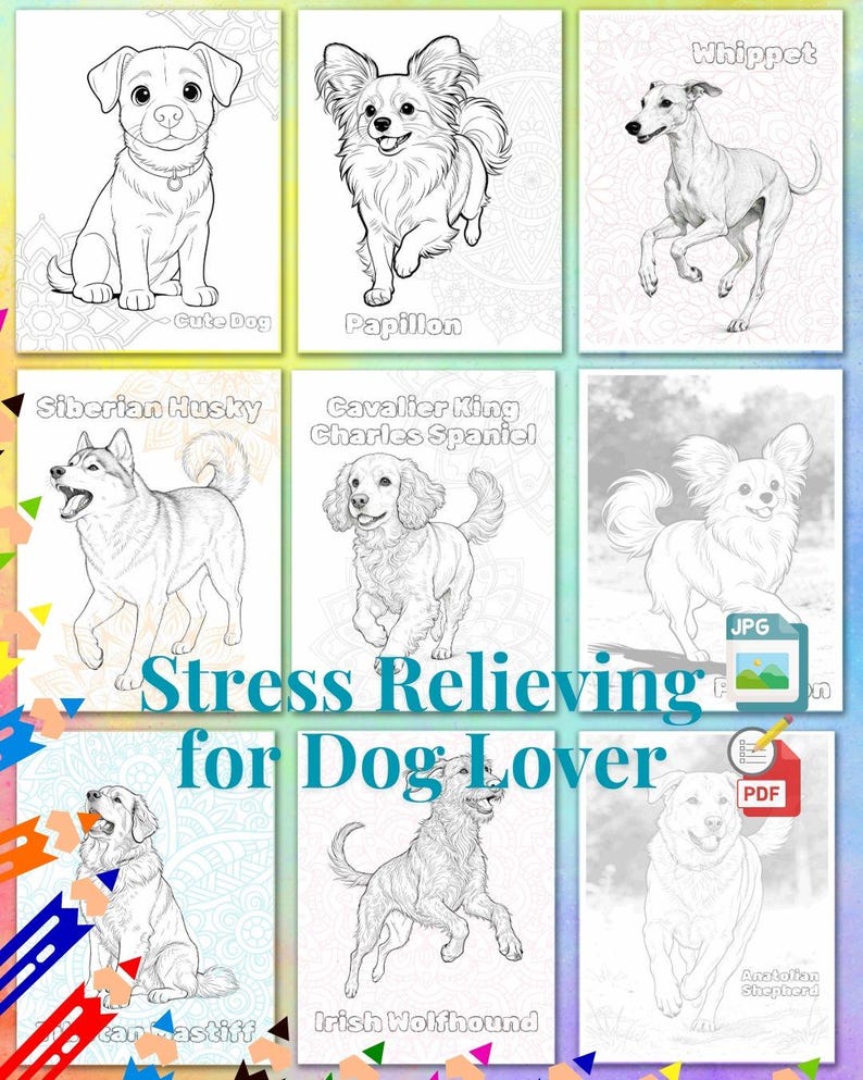 Może przedstawiać: Kolekcja czarno-białych ilustracji ps&oacute;w, w tym "Cute Dog", Papillon, Siberian Husky i Whippet. Tekst "Stress Relieving for Dog Lover" jest wyświetlany na środku obrazu. W stylu książki do kolorowania.
