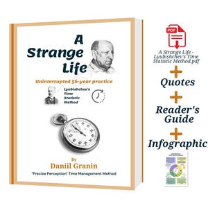 Peut inclure: Un livre intitulé "A Strange Life" avec un portrait d'homme sur la couverture. Le livre présente également un chronomètre et le texte "Pratique ininterrompue de 56 ans". Des ressources supplémentaires incluent un PDF, des citations, un guide du lecteur et une infographie.