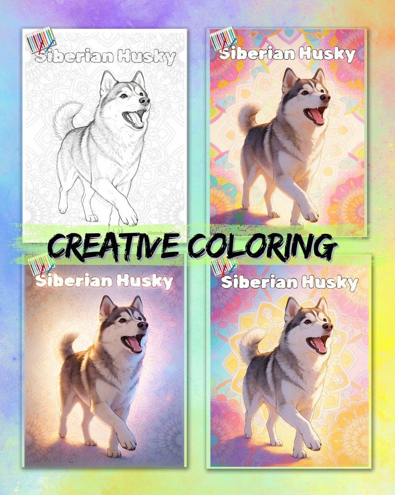 Może przedstawiać: Cztery kolorowanki z psem rasy Siberian Husky. Jedna to czarno-biały rysunek liniowy, a pozostałe to kolorowe ilustracje. Na okładkach widnieją napisy "Siberian Husky" i "Creative Coloring".