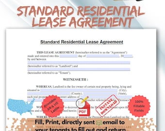 Standard Residential Lease Agreement: Fillable Rental Contract (Printable, Digital Download)
