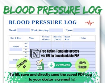 Fillable Blood Pressure Log Sheet, Daily Tracker (Printable)