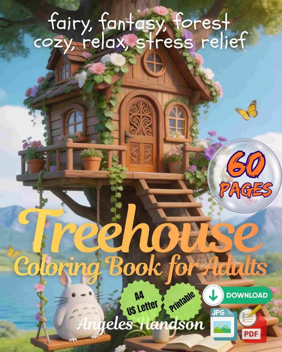 Cozy Fantasy Treehouse Coloring Book, 60 Pages, Stress Relief ...