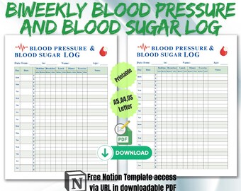 Biweekly Blood Pressure & Blood Sugar Log, Printable Health Tracker (PDF)