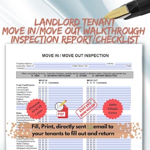 Tenant Inspection, Landlord Checklist, Move In/Out Inspection, Walkthrough, Report,  Fillable, Printable, professionally designed Form