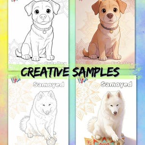 Może przedstawiać: Cztery obrazy ilustracji ps&oacute;w. Dwa przedstawiają szczeniaka z napisem "Cute Dog", jeden w czerni i bieli, drugi w kolorze. Pozostałe dwa to pies samojed, r&oacute;wnież w czerni i bieli oraz w kolorze. Tekst "CREATIVE SAMPLES" znajduje się pośrodku.